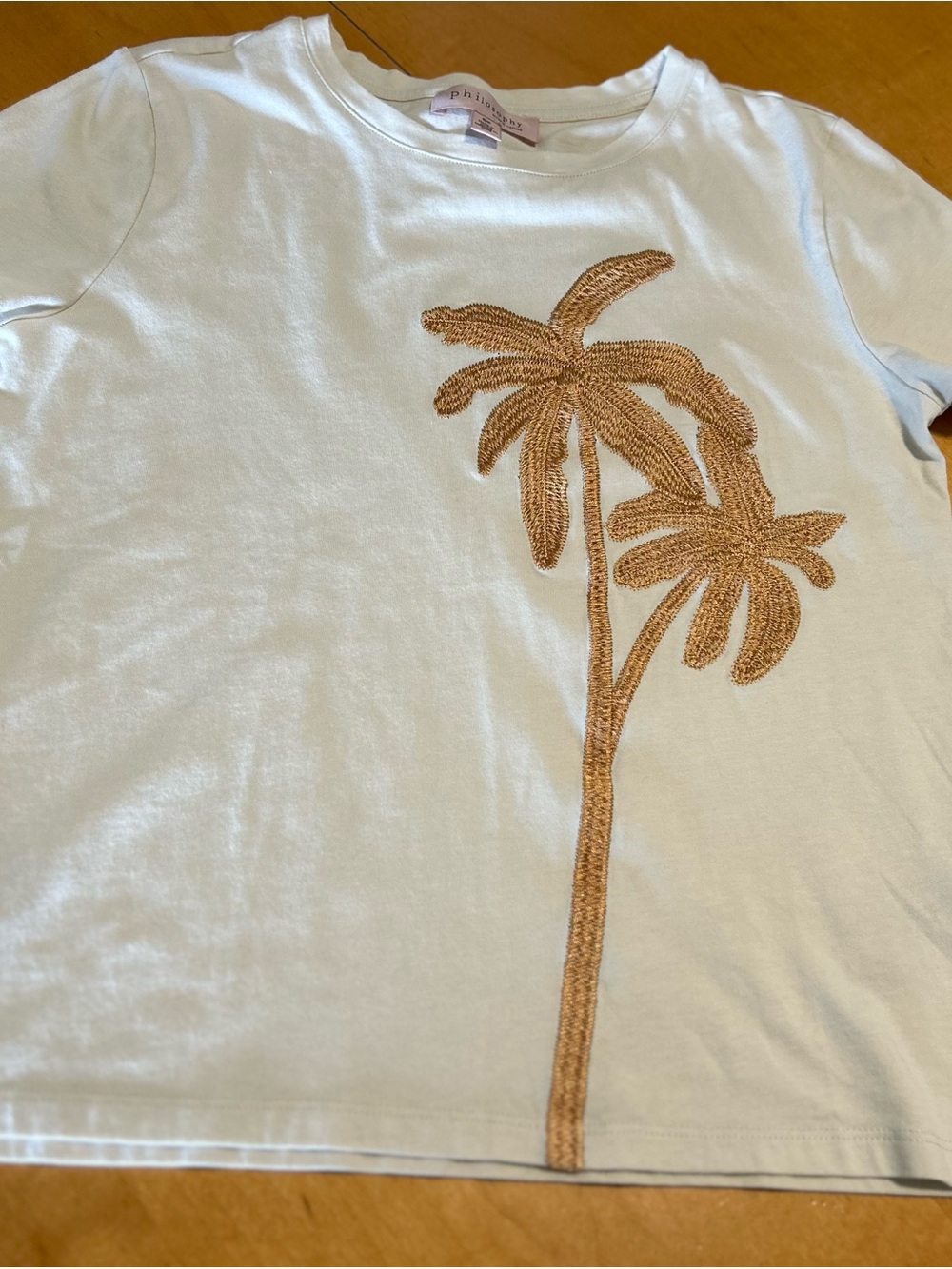 Philosophy White Tee with Gold Palm Tree Embroidery